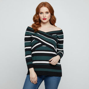 7th Avenue NY&Company Large Black Green White Striped 3/4 Sleeve V-Neck Sweater